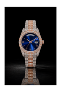 Two-Tone Blue Dial Iced Moissanite Watch with Day-Date Display