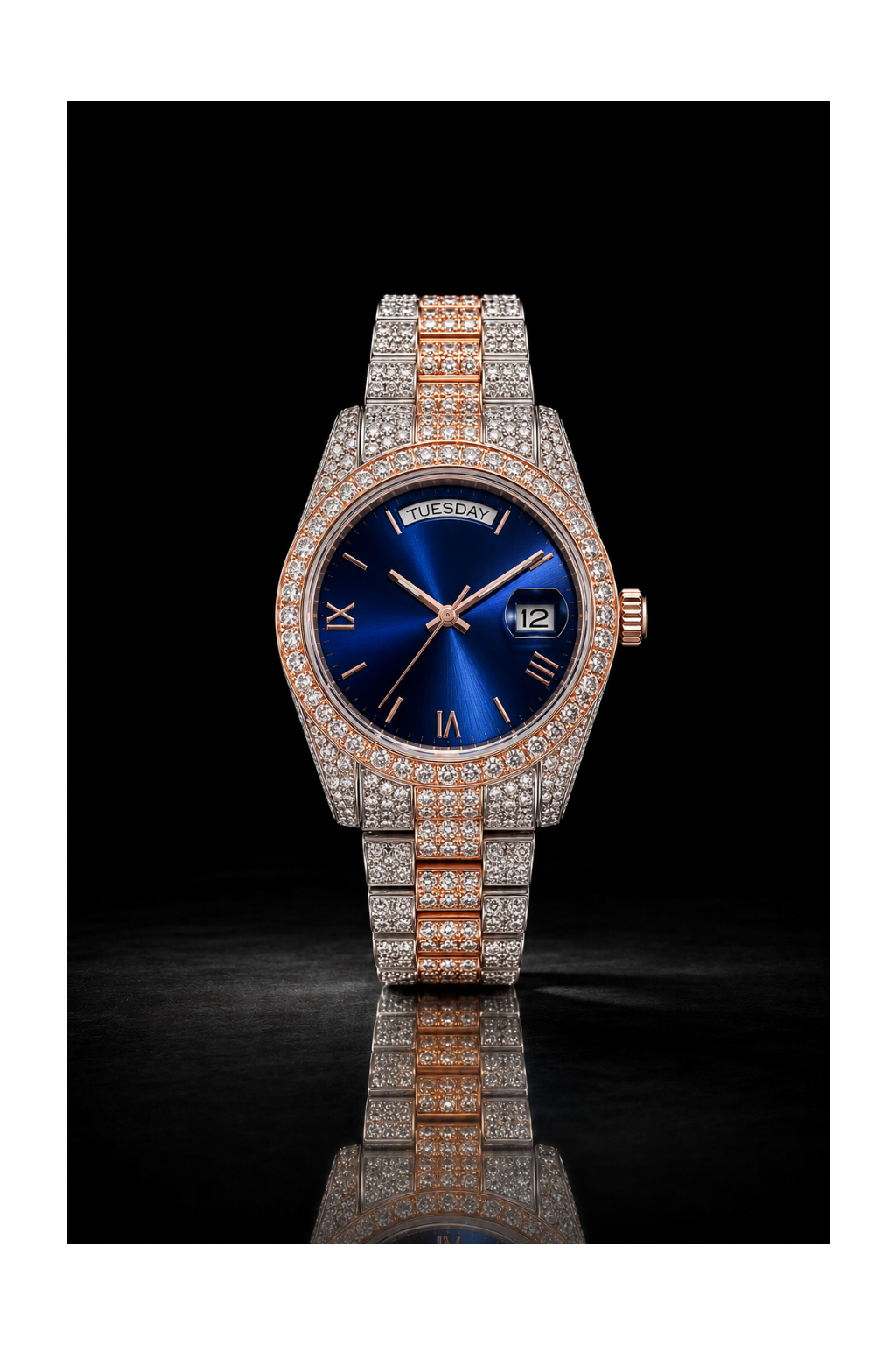 Two-Tone Blue Dial Iced Moissanite Watch with Day-Date Display