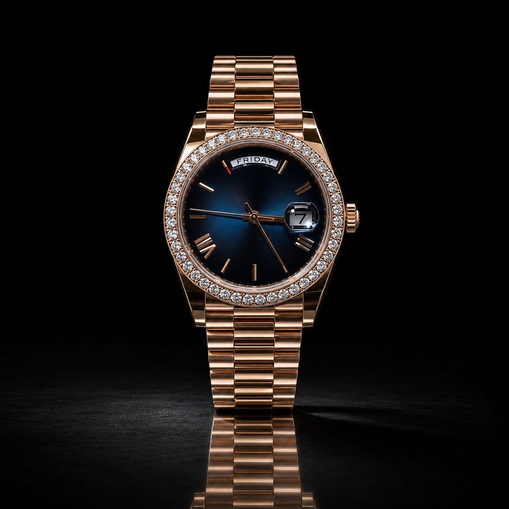 Rose Gold Blue Dial Moissanite Bezel Watch with Day-Date Display