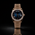 Rose Gold Blue Dial Moissanite Bezel Watch with Day-Date Display