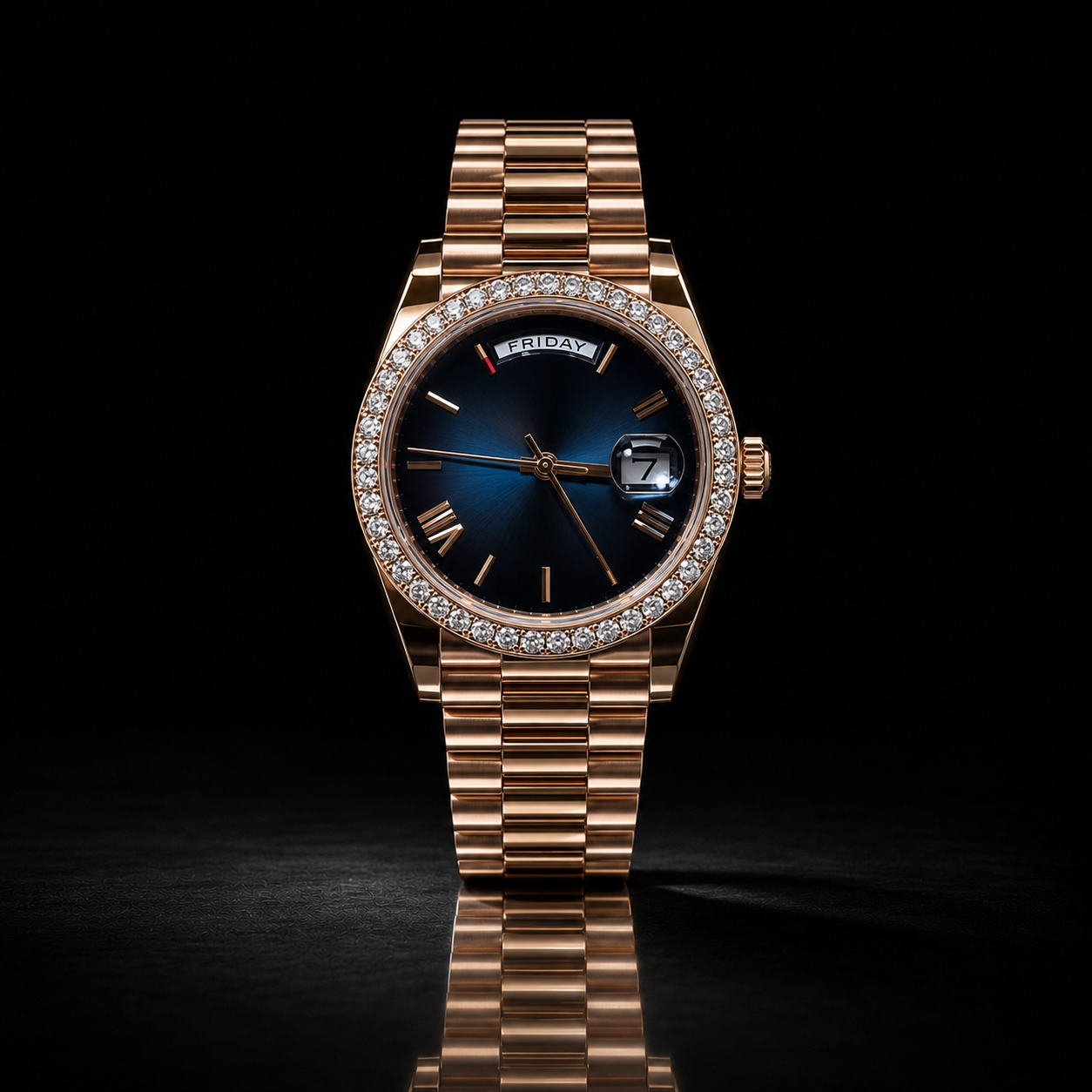 Rose Gold Blue Dial Moissanite Bezel Watch with Day-Date Display