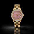 Gold Pink Mother of Pearl Moissanite Watch with Diamond Bezel
