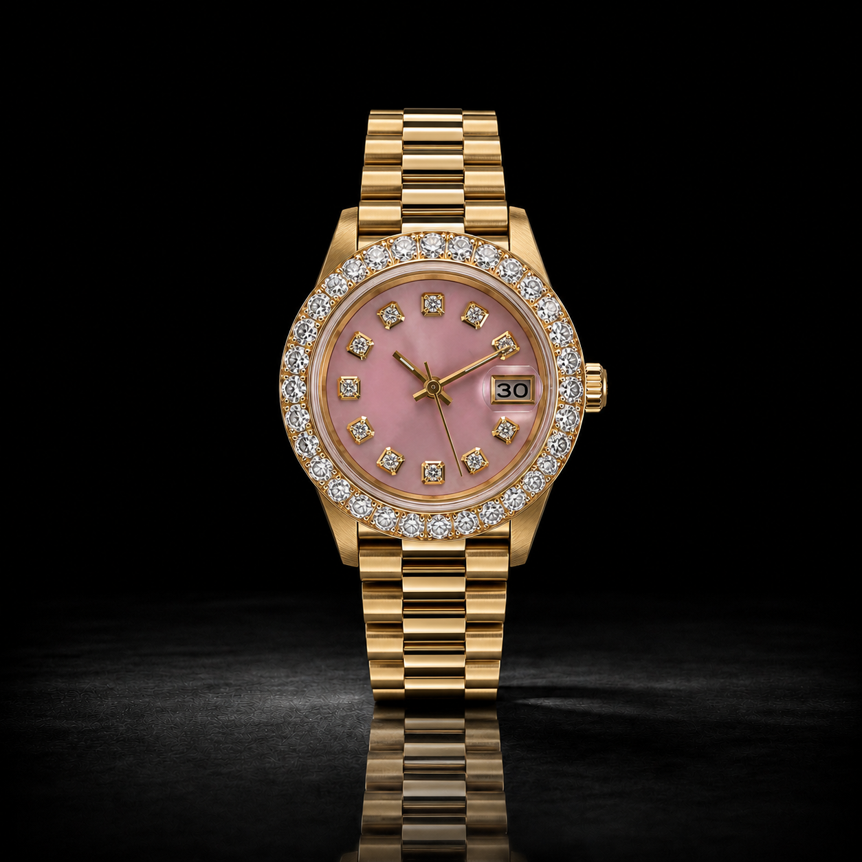 Gold Pink Mother of Pearl Moissanite Watch with Diamond Bezel