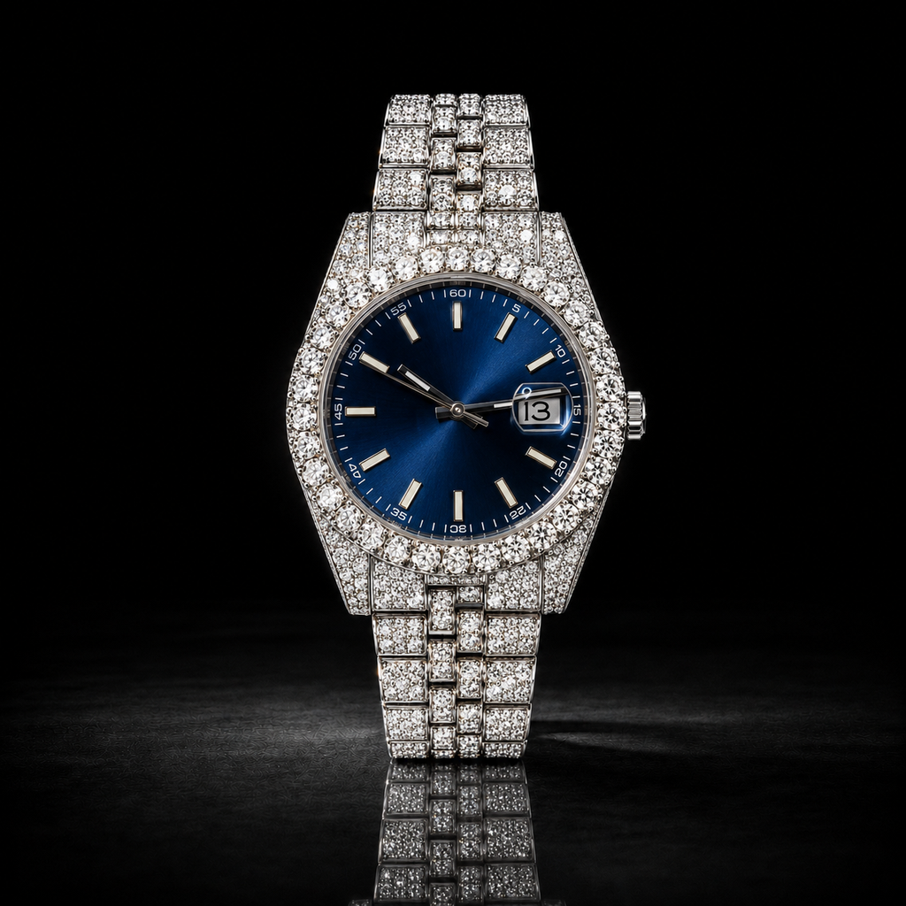 Full Iced Silver Blue Dial Moissanite Watch with Date Display
