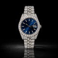 Full Iced Silver Blue Dial Moissanite Watch with Date Display