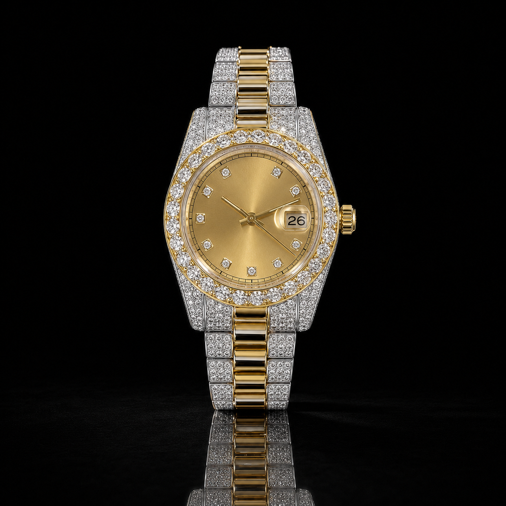 Two-Tone Gold Dial Iced Moissanite Watch with Diamond Marker Dial