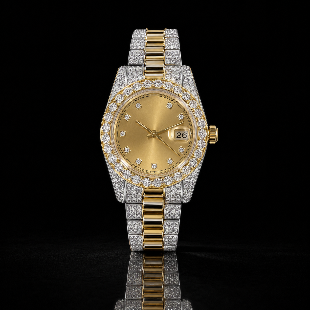 Two-Tone Gold Dial Iced Moissanite Watch with Diamond Marker Dial