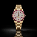 Gold Pink Baguette Bezel Iced Moissanite Watch with Day-Date Dial