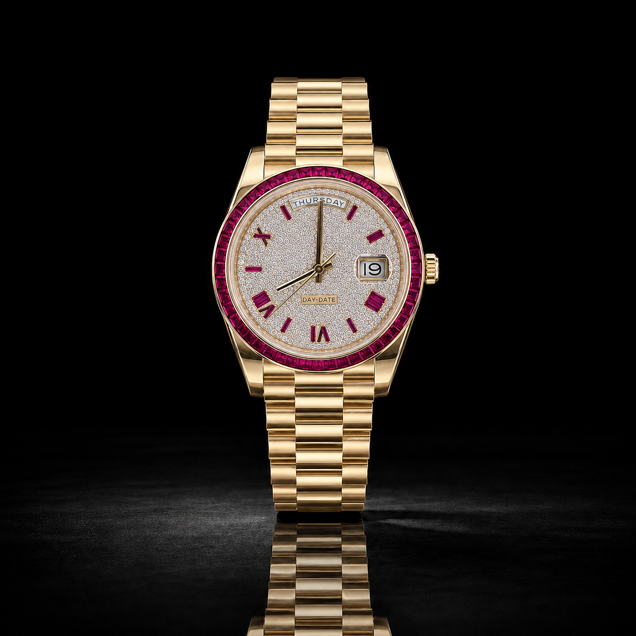 Gold Pink Baguette Bezel Iced Moissanite Watch with Day-Date Dial