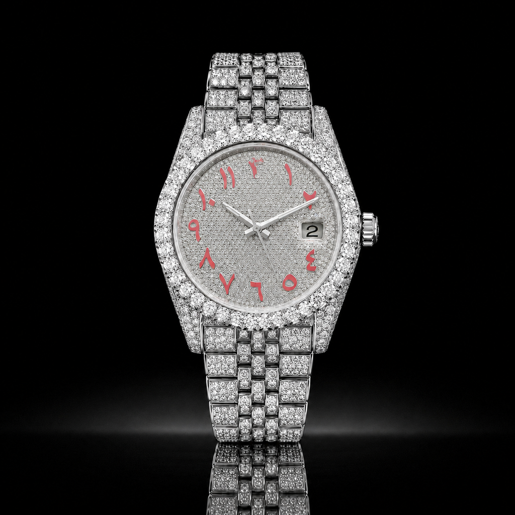 Full Iced Silver Arabic Dial Moissanite Watch with Red Numerals