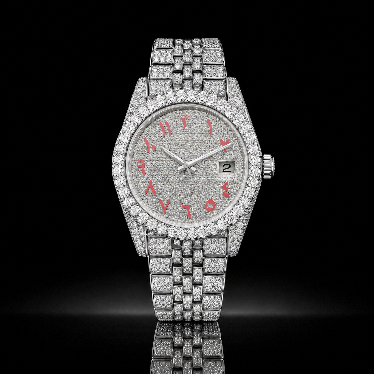 Full Iced Silver Arabic Dial Moissanite Watch with Red Numerals