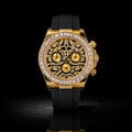 Gold Skeleton Chronograph Moissanite Watch with Black Rubber Strap