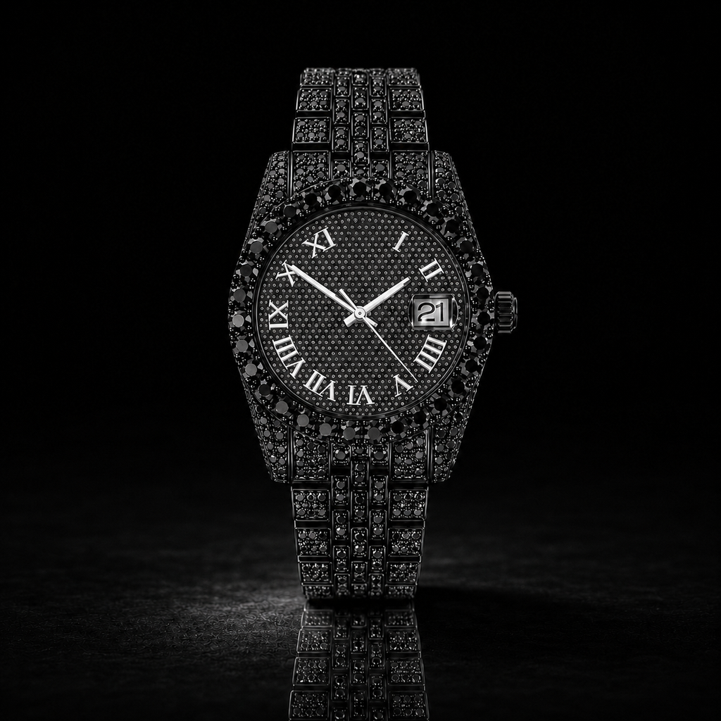Black Iced Roman Dial Watch with Full Black Stone Bracelet