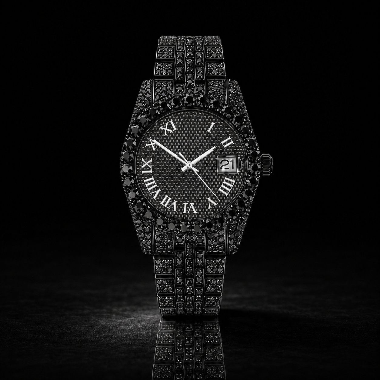 Black Iced Roman Dial Watch with Full Black Stone Bracelet