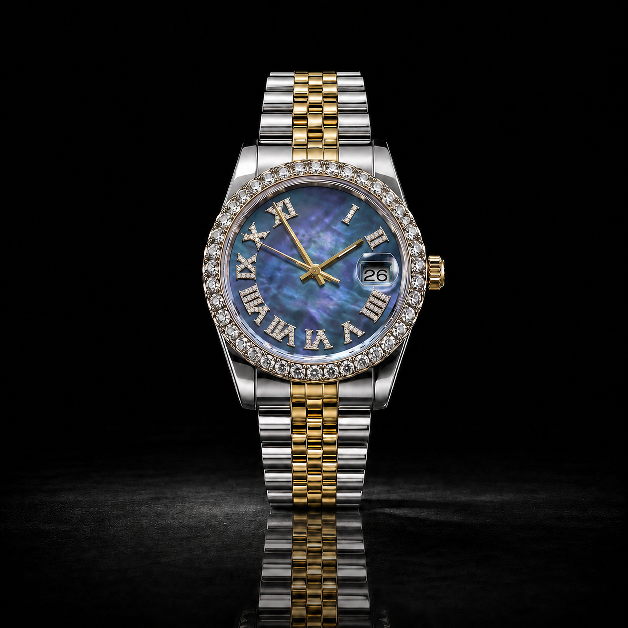Two-Tone Blue Mother of Pearl Roman Dial Moissanite Watch