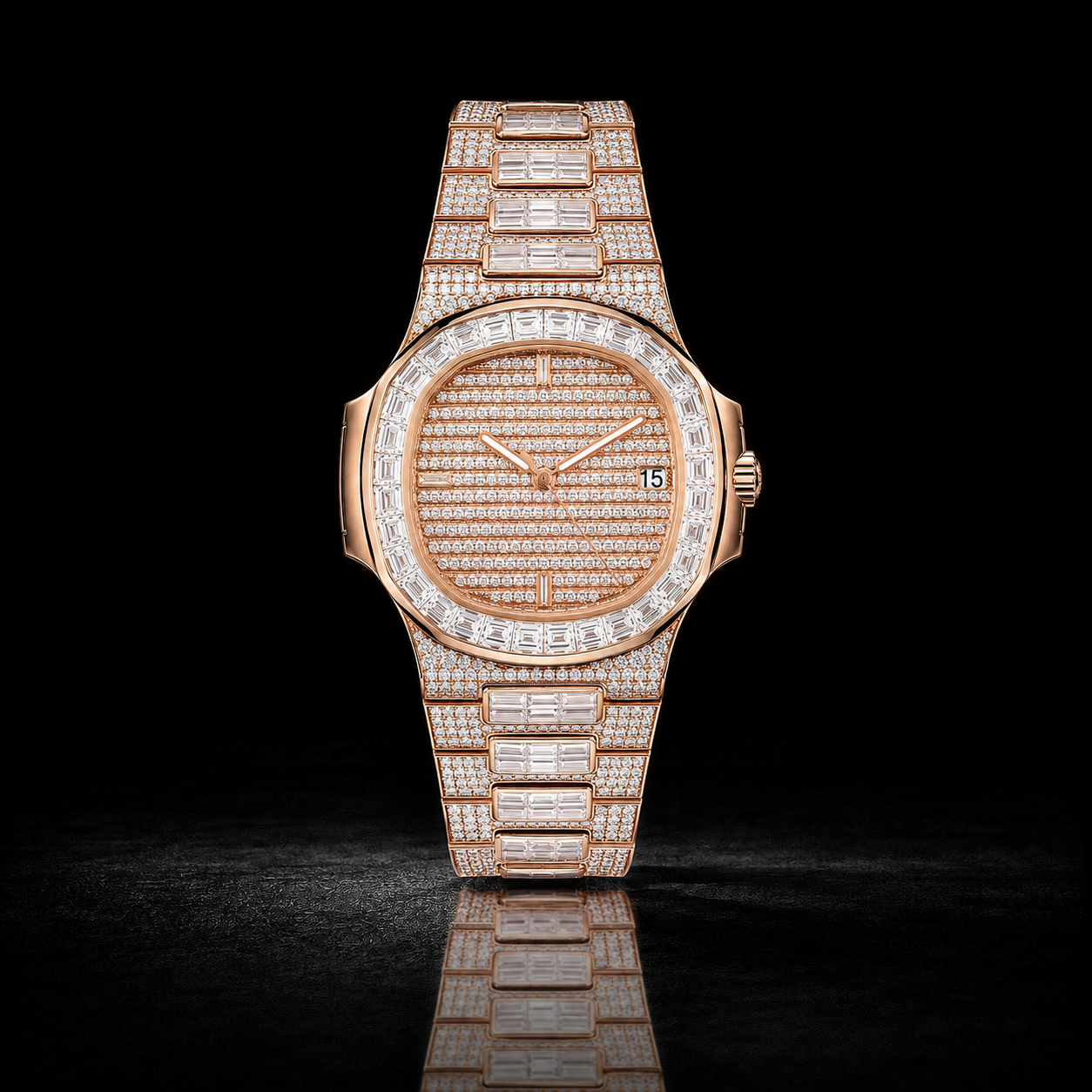 Rose Gold Full Iced Baguette Bezel Watch