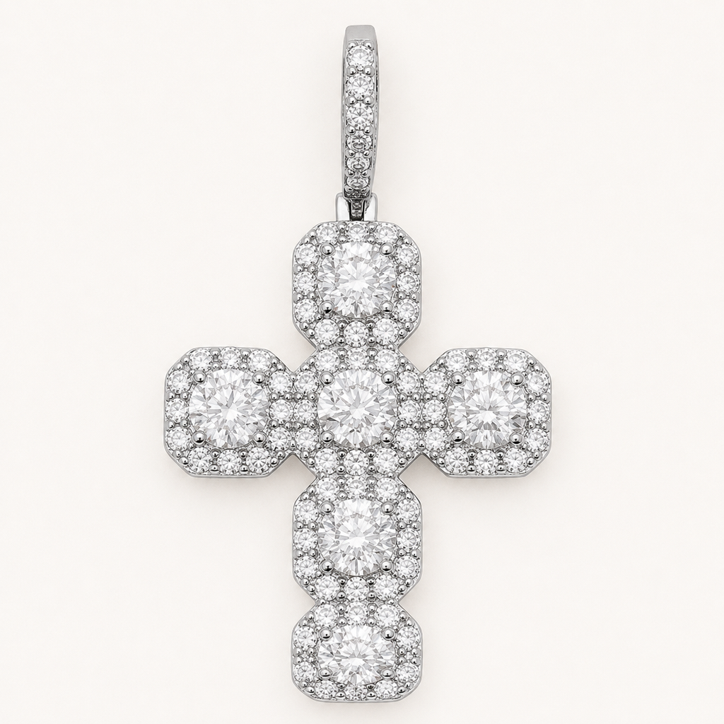 14K Gold Moissanite Fleur Cross Pendant | Iced Out 925 Silver Religious Jewelry