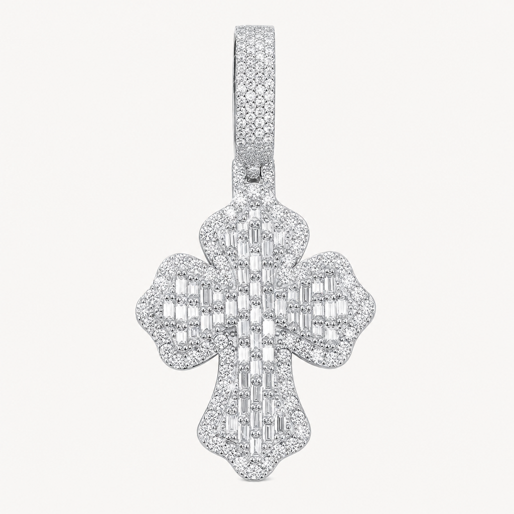 14K Gold Plated Moissanite Baguette Cross Pendant