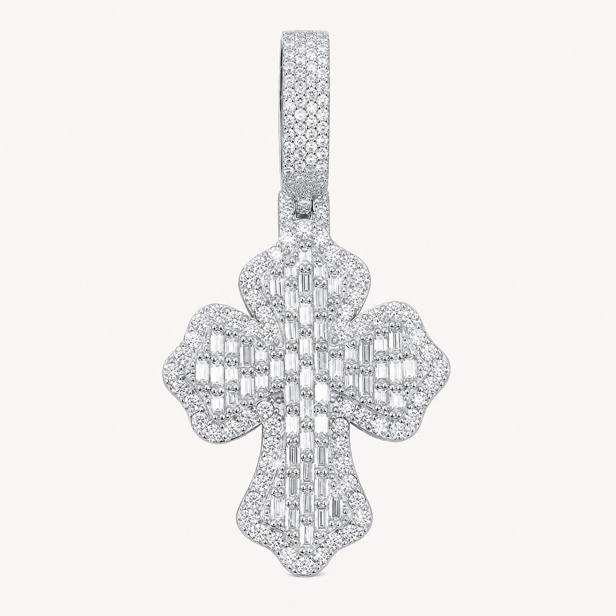 14K Gold Plated Moissanite Baguette Cross Pendant