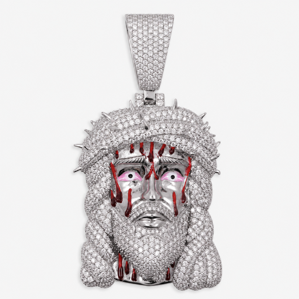 14K Gold Blood Jesus Piece Pendant | Red Enamel Moissanite 925 Silver Jewelry