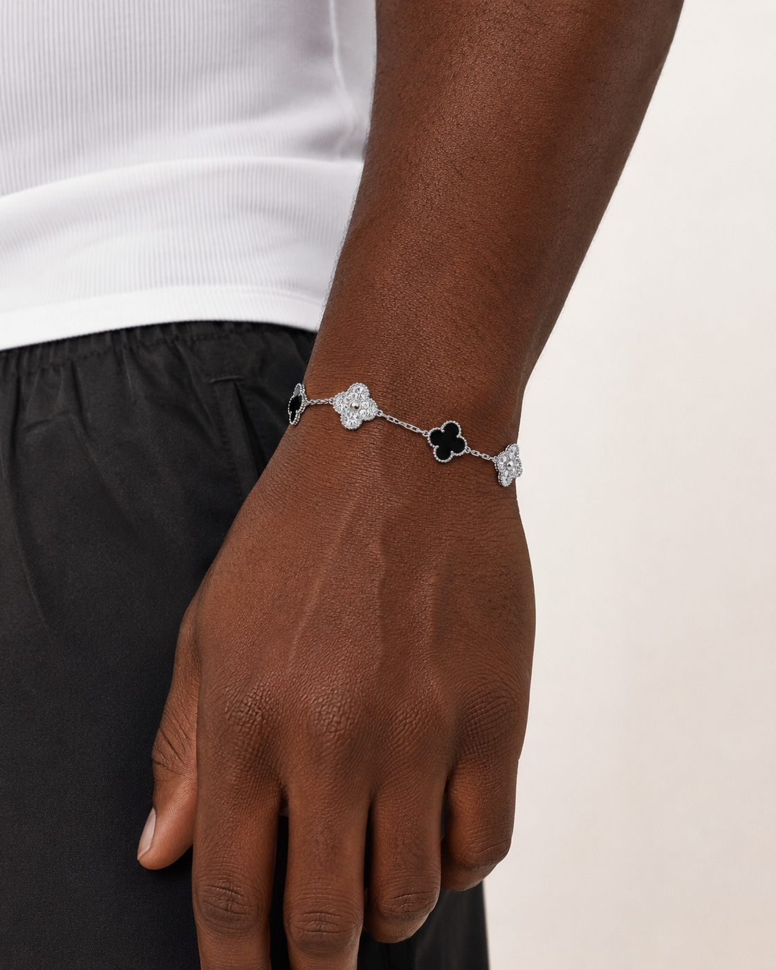 Luxury Black & White Clover Bracelet with Iced Out Stone Detailing