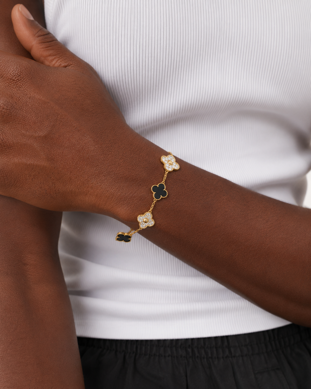 Luxury Black & White Clover Bracelet with Iced Out Stone Detailing