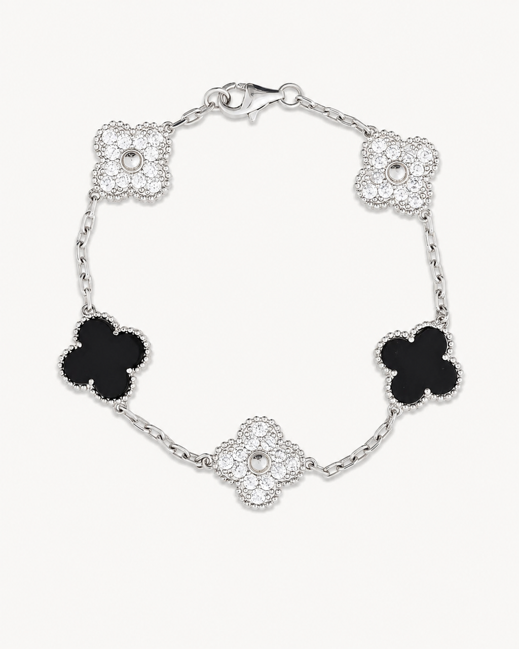 Luxury Black & White Clover Bracelet with Iced Out Stone Detailing