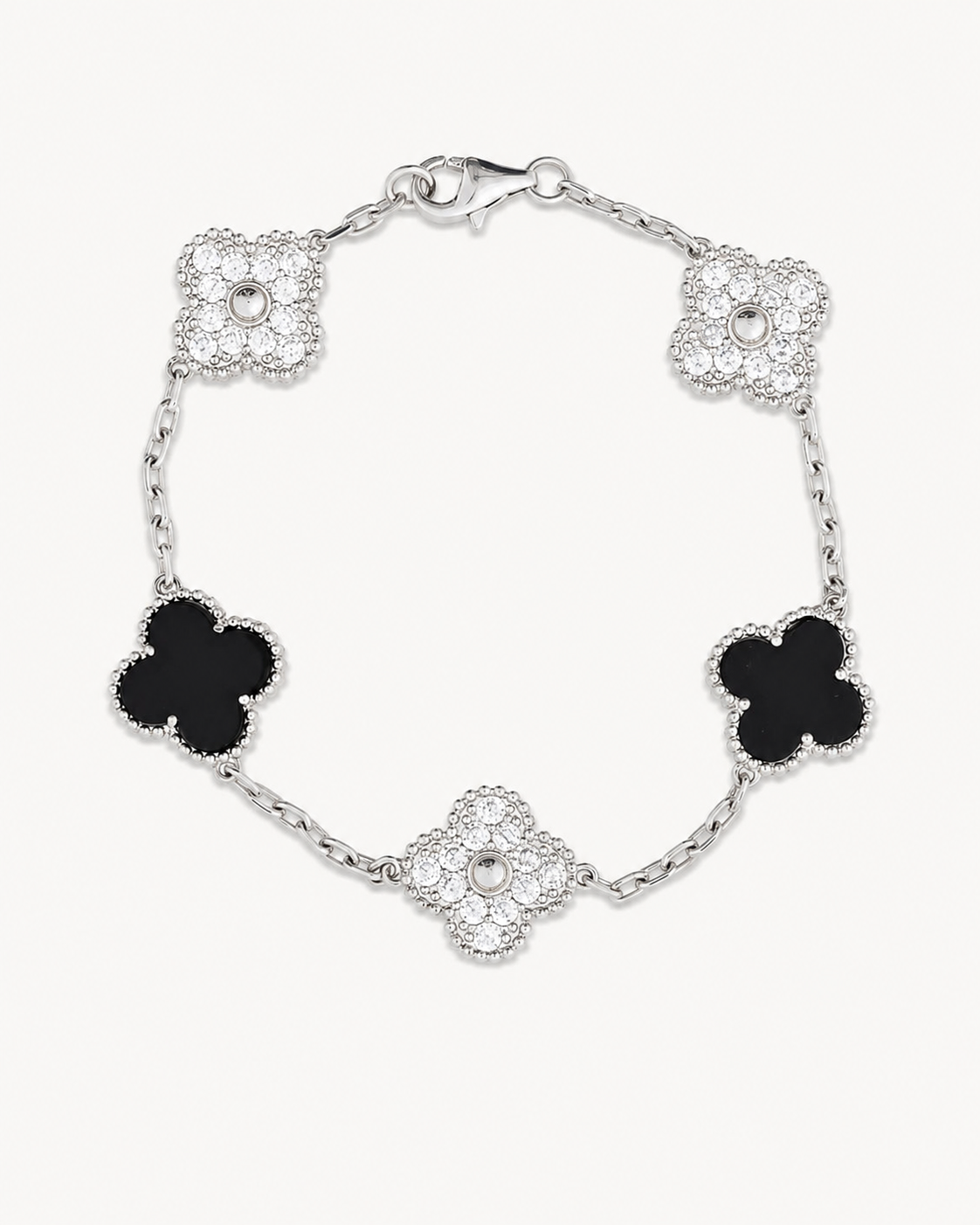 Luxury Black & White Clover Bracelet with Iced Out Stone Detailing
