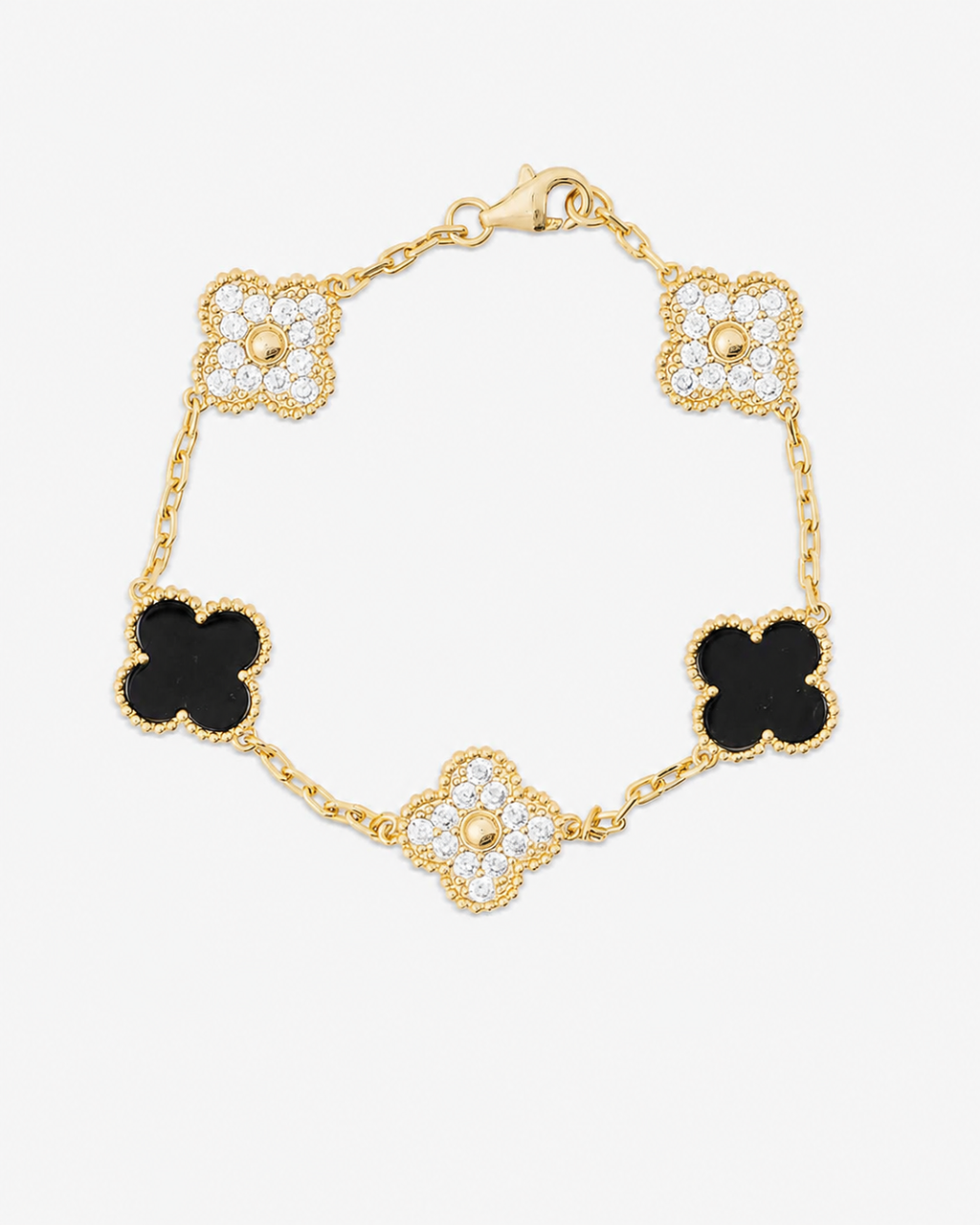 Luxury Black & White Clover Bracelet with Iced Out Stone Detailing