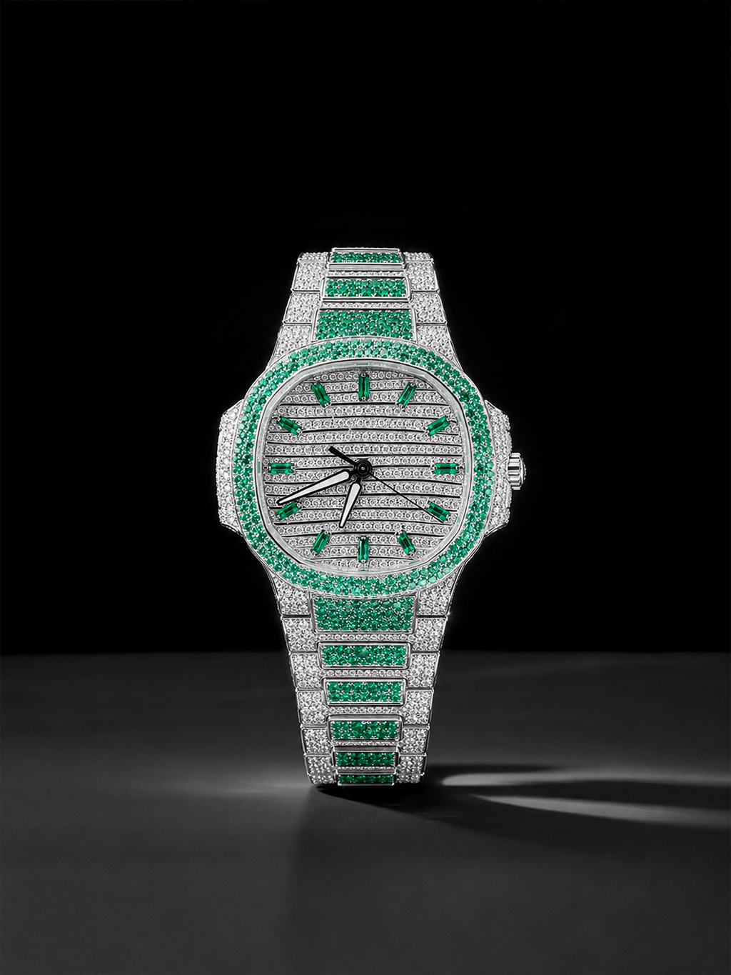 Green Ice Bezel Fully Iced Luxury Watch | Silver & Emerald Stone Dial Watch