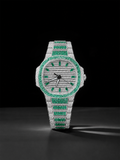 Green Ice Bezel Fully Iced Luxury Watch | Silver & Emerald Stone Dial Watch