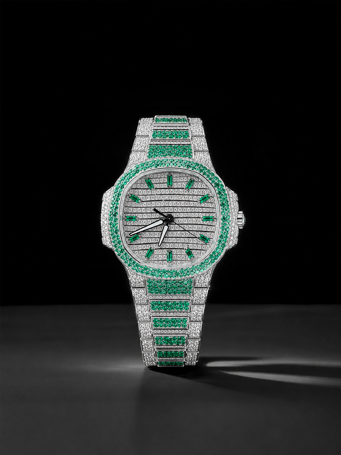 Green Ice Bezel Fully Iced Luxury Watch | Silver & Emerald Stone Dial Watch