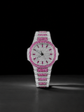 Pink Ice Silver-Tone Luxury Iced-Out Watch | Ruby Pink Stone Bezel & Bracelet