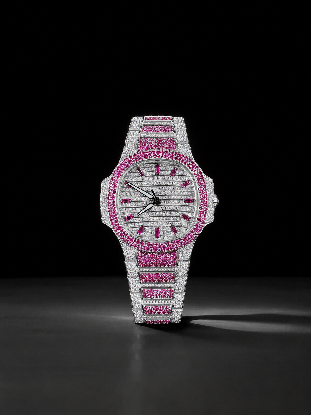 Pink Ice Silver-Tone Luxury Iced-Out Watch | Ruby Pink Stone Bezel & Bracelet
