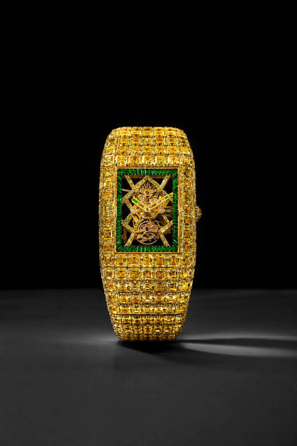 Gold Baguette Skeleton Iced Watch | Green Dial Luxury Timepiece