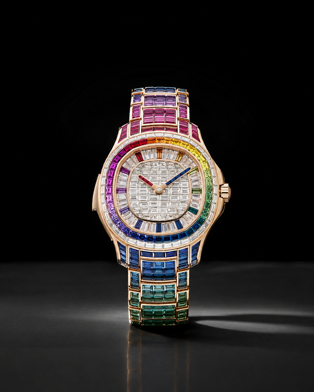 Rainbow Baguette Iced Watch | Gold Finish Luxury Bracelet Timepiece