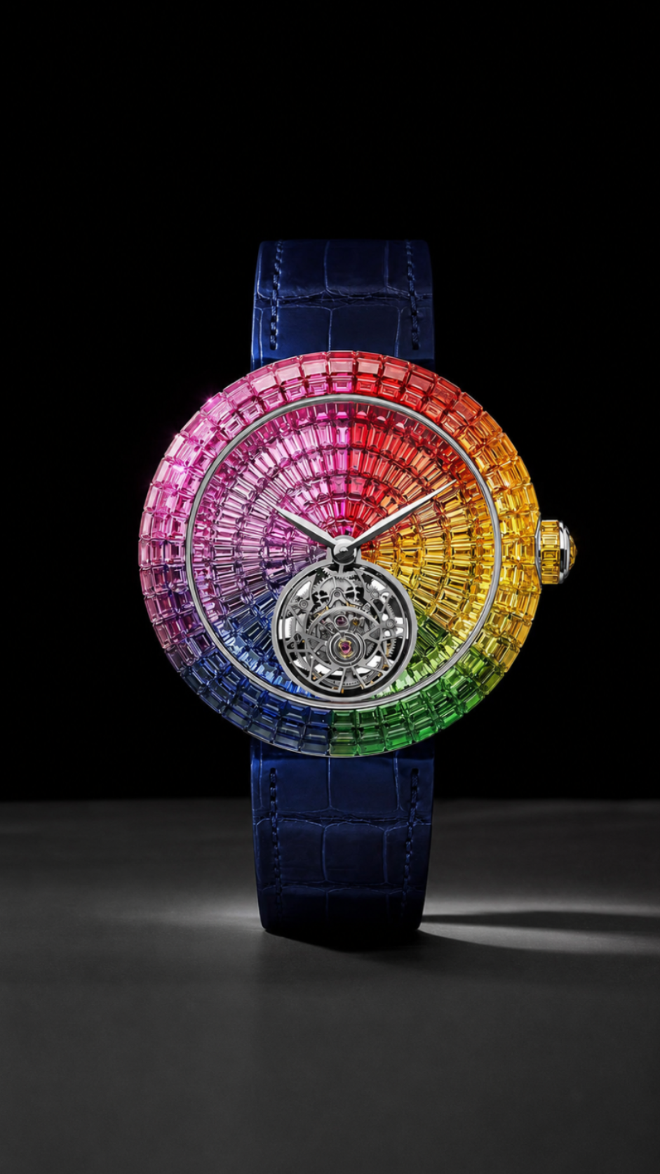 Rainbow Baguette Open-Heart Iced Watch | Blue Leather Strap Luxury Timepiece