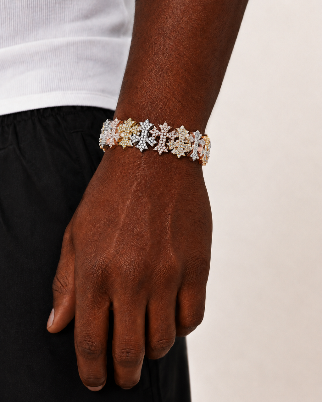Tri-Tone Iced Out Cross Bracelet 925 Sterling Silver Luxury Bracelet