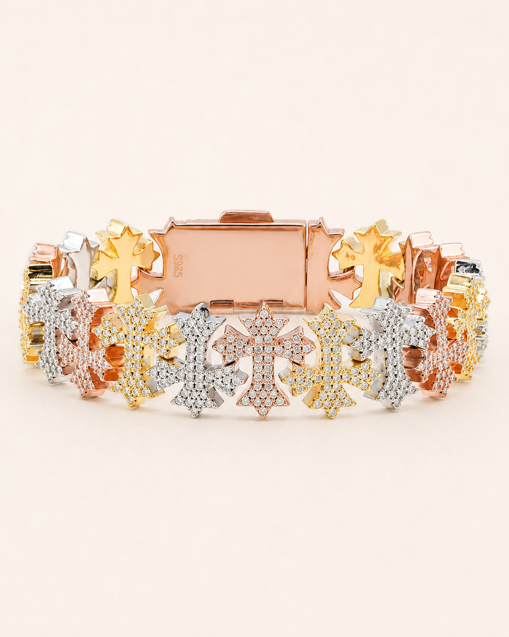 Tri-Tone Iced Out Cross Bracelet 925 Sterling Silver Luxury Bracelet