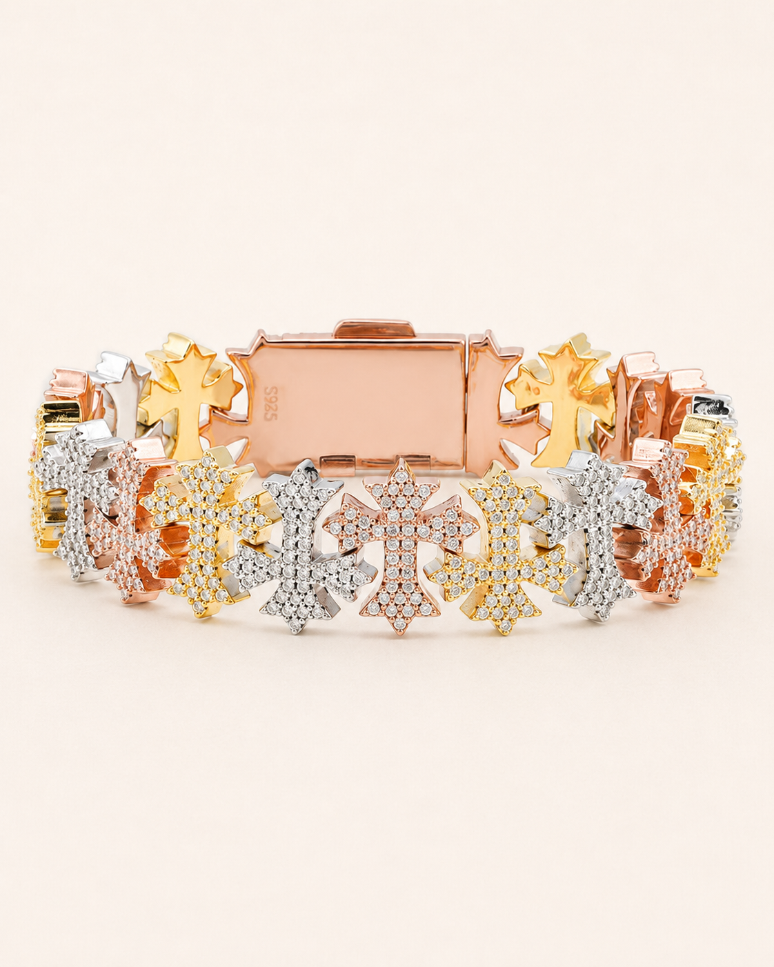 Tri-Tone Iced Out Cross Bracelet 925 Sterling Silver Luxury Bracelet