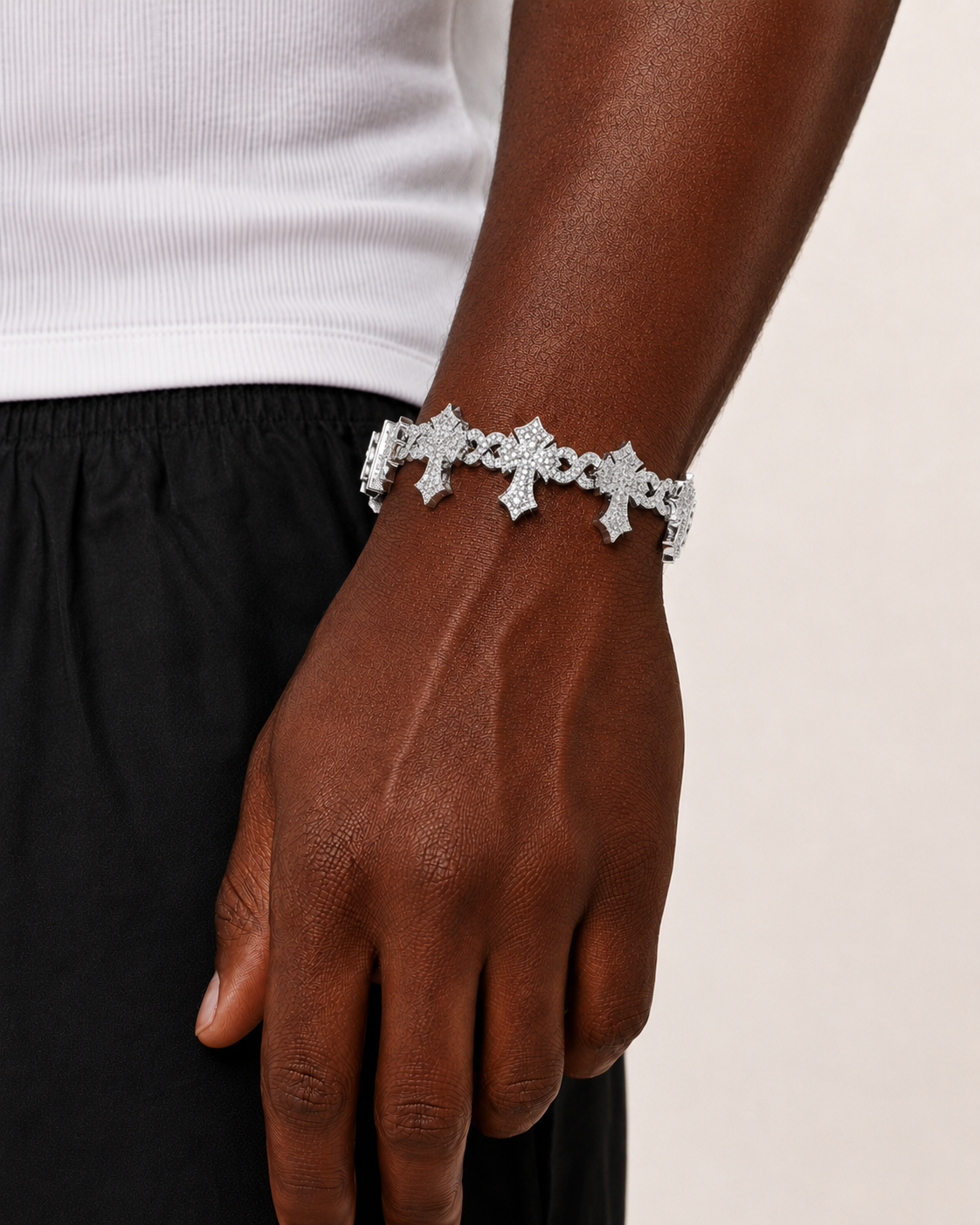 Iced Out Cross Link Bracelet – White Gold Plated VVS Diamond Style Bracelet