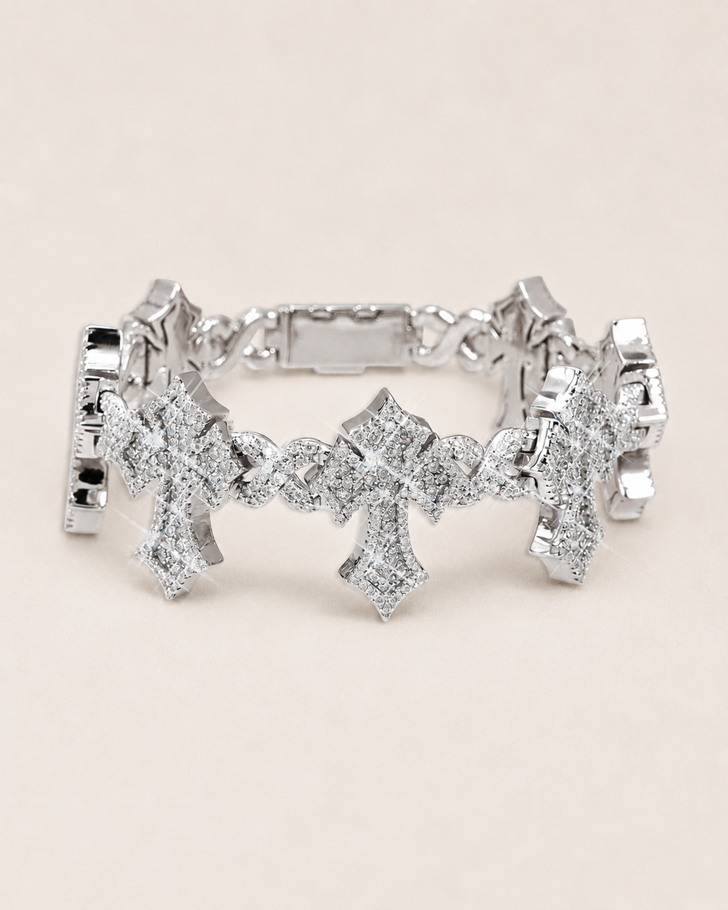 Iced Out Cross Link Bracelet 925 Sterling Silver White Gold Finish