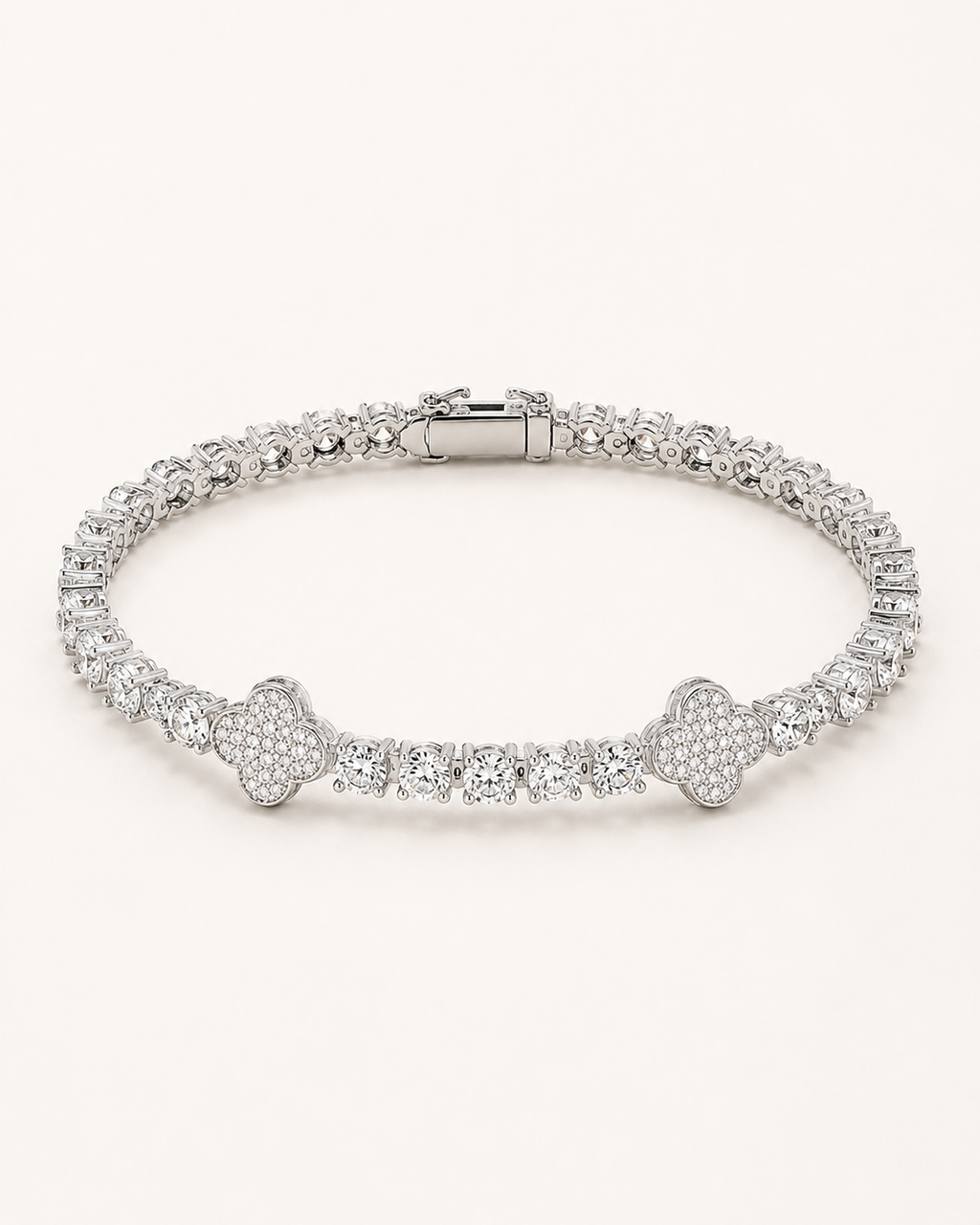 Clover Iced Out Tennis Bracelet – White Gold Finish