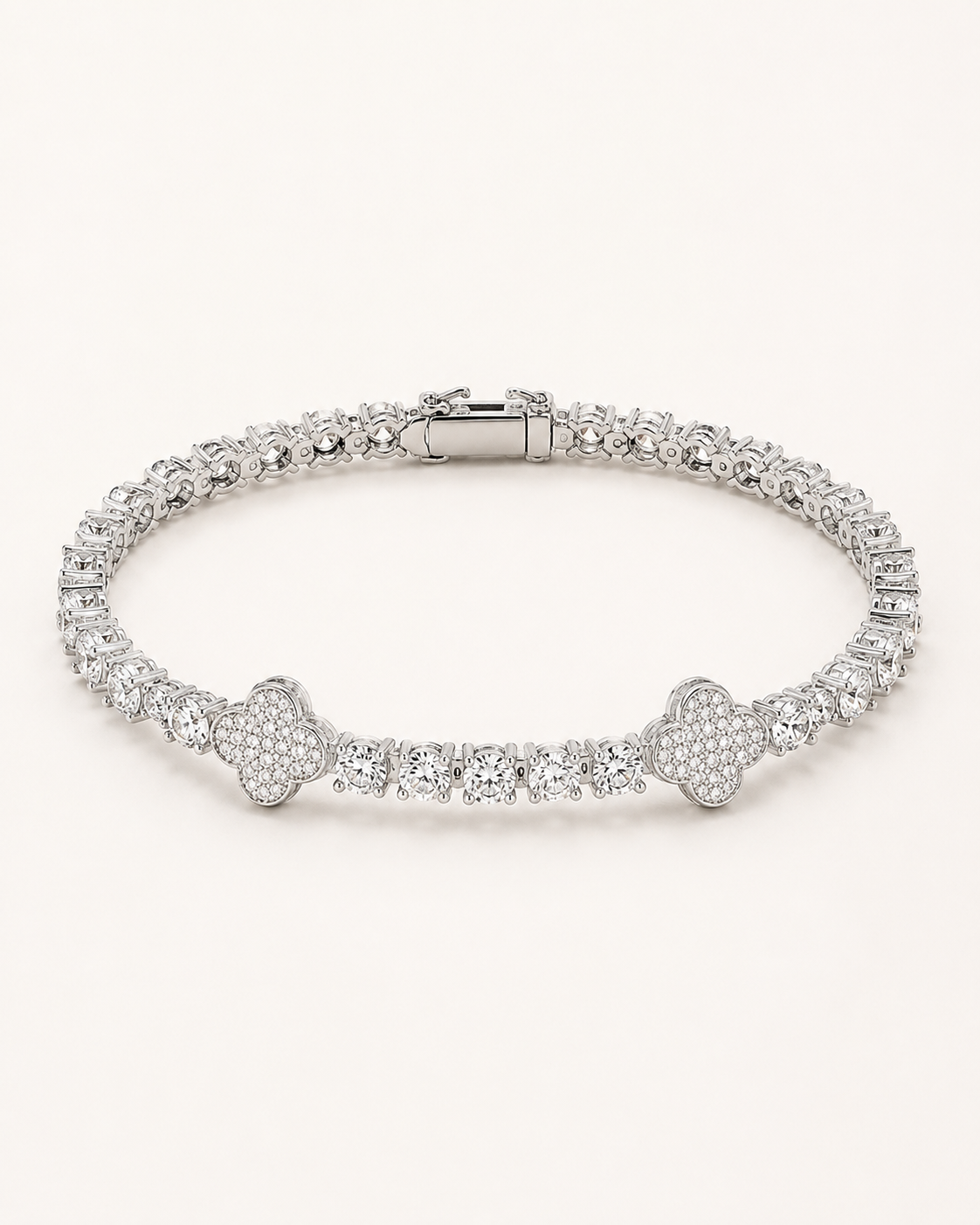 Clover Iced Out Tennis Bracelet – White Gold Finish
