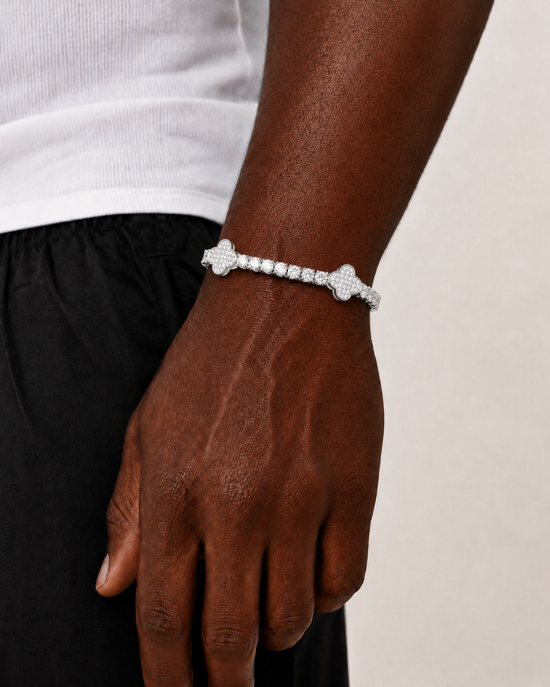 Clover Iced Out Tennis Bracelet – White Gold Finish