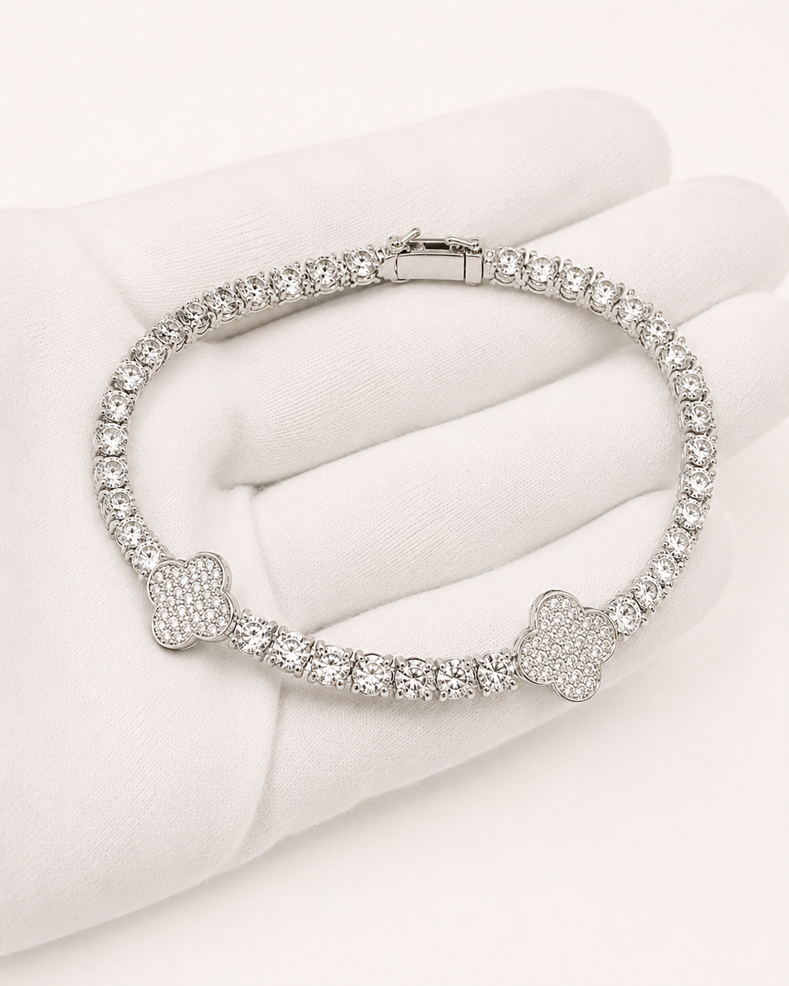 Clover Iced Out Tennis Bracelet – White Gold Finish