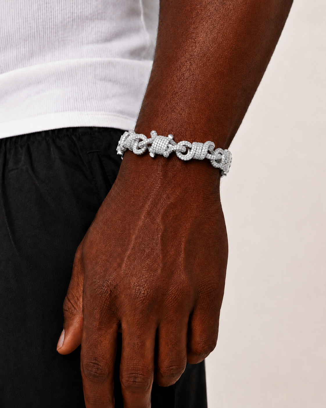 Iced Out Barrel Link Statement Bracelet White Gold Finish