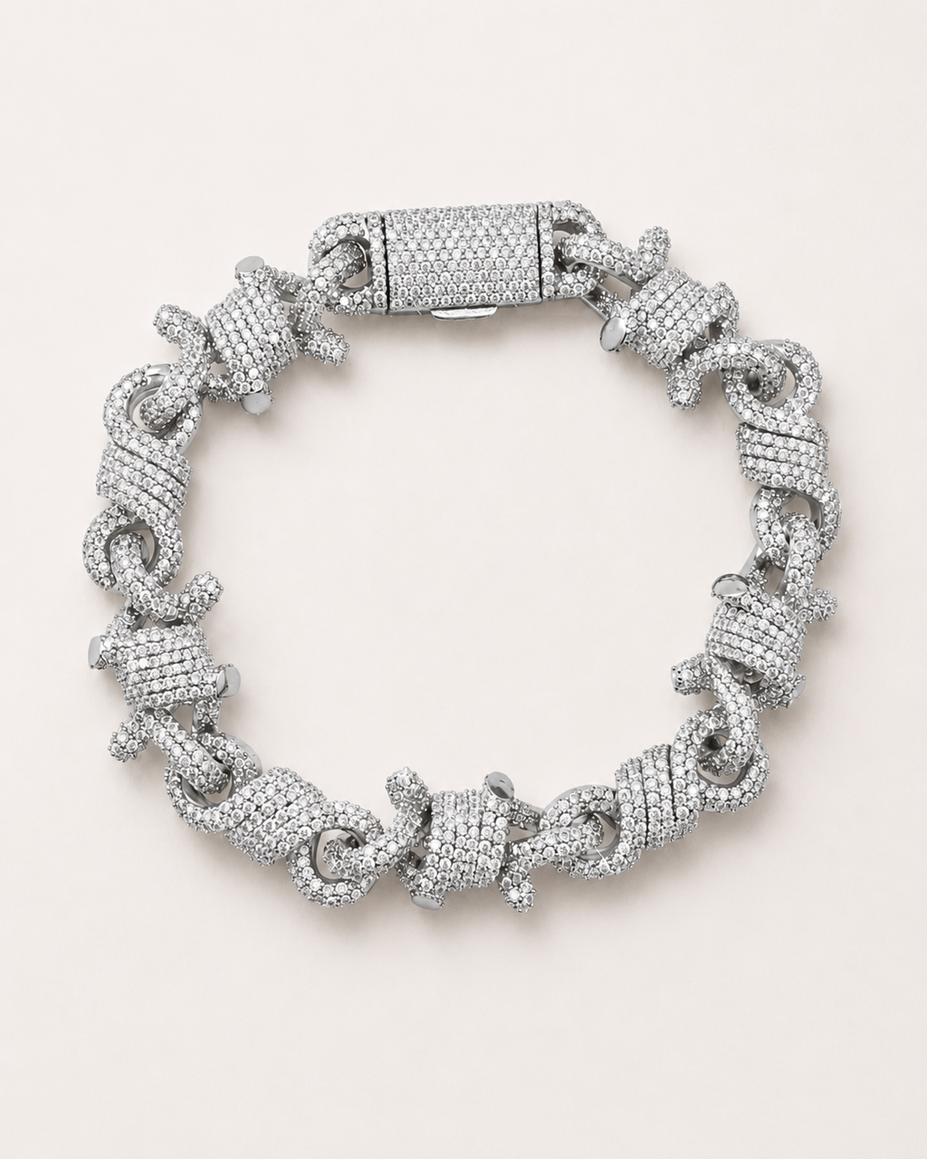 Iced Out Barrel Link Statement Bracelet White Gold Finish