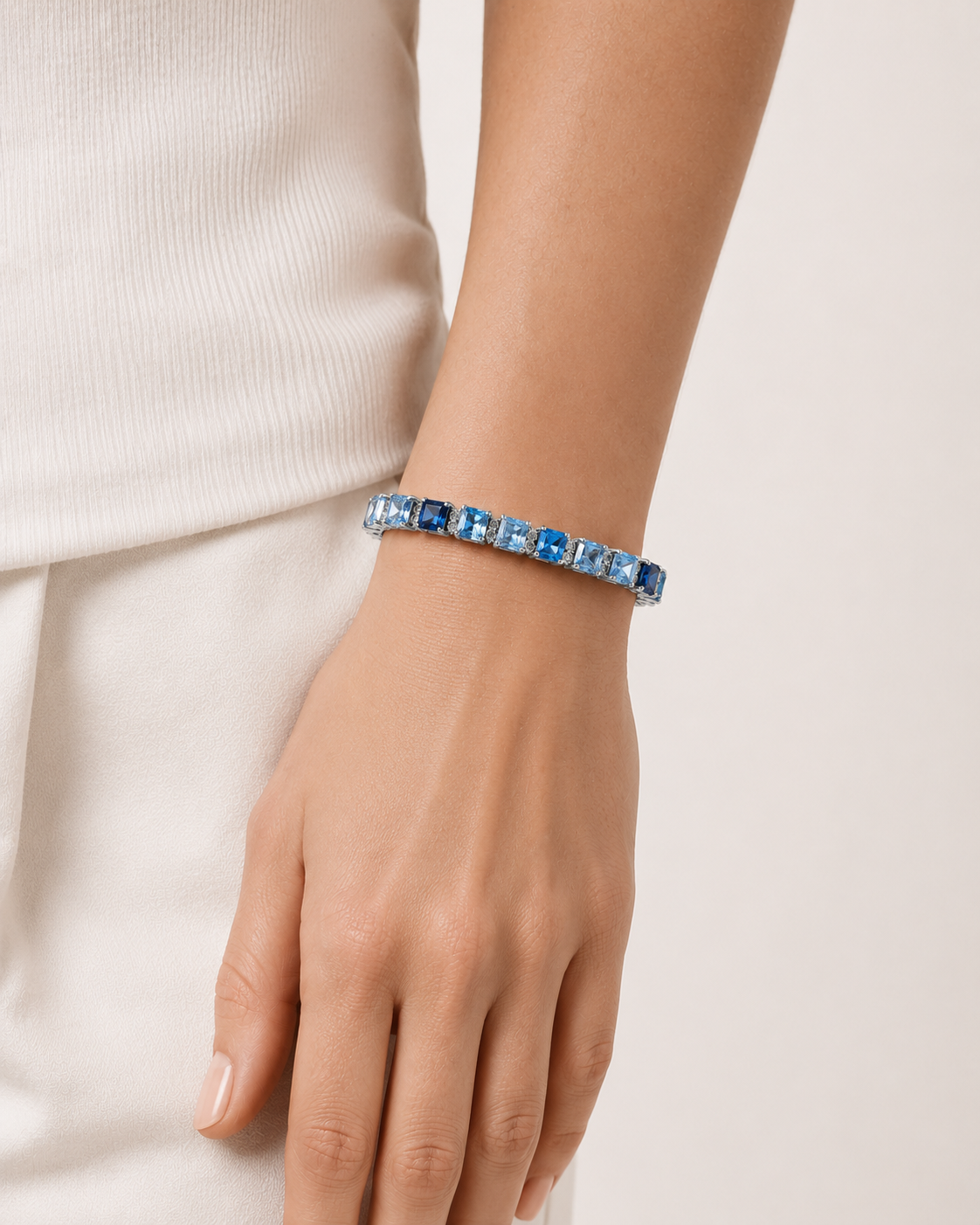 Blue Sapphire Tone Tennis Bracelet 925 Sterling Silver White Gold Finish