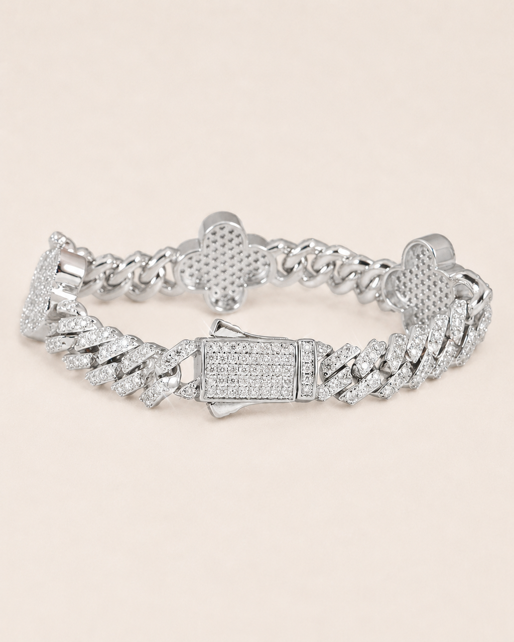 Clover Link Iced Out Bracelet  White Gold Finish